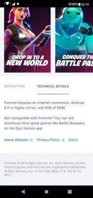 Download and install mobile Fortnite from the Epic store for Android : System requirements to play Fortnite mobile
