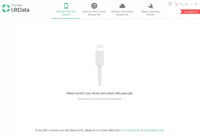 Kuidas oma iPhone'i andmeid UltData abil taastada - iPhone Data Recovery : See ekraanipilt on tarkvara avaleht. See on see, mida näete UltData avamisel, kui teie iPhone pole arvutiga ühendatud.