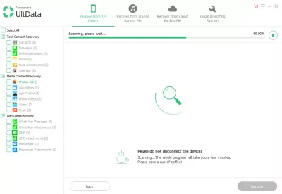 How to recover your iPhone data with UltData – iPhone Data Recovery : Screenshot of UltData while scanning your iPhone. It took around 5 minutes on my iPhone.