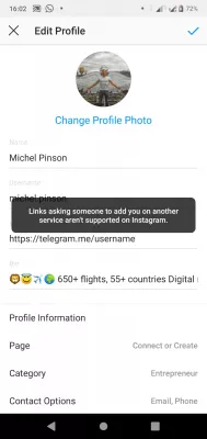 Instagram Action Blocked Error : Unauthorized Instagram link error: Links asking someone to add you on another service aren't supported on Instagram.