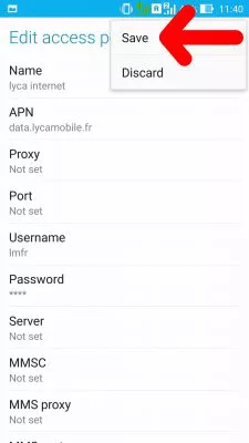 Internet Activation Code [LycaMobile] : Click Save the new Access Point Name 